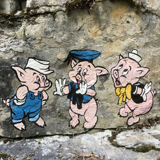Les 3 petits cochons, peinture sur rochers