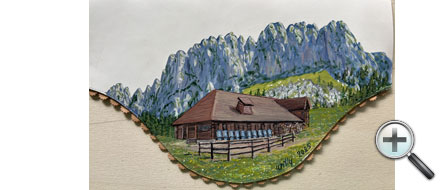 Chalet et paysage sur cuir