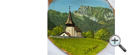 Église et paysage sur cuir