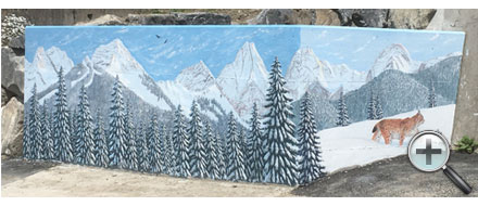 Lynx dans la neige sur un mur en trompe l'oeil