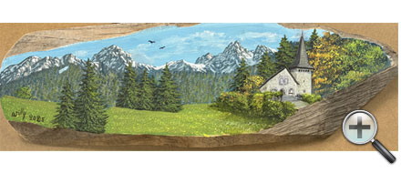 Montagnes et église, paysage sur bois